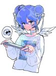  1girl absurdres ahoge black_eyes blue_hair choker double_bun earrings feathered_wings fingernails frilled_choker frills hair_between_eyes hair_bun hair_ribbon handheld_game_console highres holding holding_handheld_game_console jewelry light_blue_hair long_sleeves mini_wings multiple_earrings multiple_rings nintendo_switch original ribbon ring shirt short_hair simple_background solo spoken_skull star_(symbol) star_earrings white_background white_choker white_ribbon white_shirt white_wings wings yosh1to 