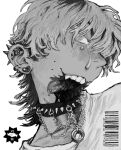  1boy barcode body_horror chain chain_necklace collar ear_piercing greyscale highres jawless jewelry male_focus mettaflix monochrome necklace original piercing spiked_collar spiked_ear_piercing spikes tears white_background 
