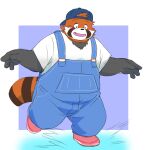 2024 ailurid anthro black_body blush clothing hat headgear headwear inunoshippo kemono male mammal orange_body overalls overweight overweight_male red_panda shirt simple_background solo topwear walking