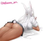  animal_humanoid big_breasts big_butt biped bottomwear breasts brown_body brown_skin butt cellphone clothed clothing dark_body dark_skin female glistening glistening_body glistening_skin hair hi_res holding_cellphone holding_object holding_phone humanoid lagomorph lagomorph_humanoid leporid_humanoid long_ears long_hair lying mammal mammal_humanoid miniskirt miruko monotone_hair my_hero_academia nofuture on_front phone rabbit_humanoid rear_view shirt simple_background skirt solo topwear upskirt white_background white_clothing white_hair white_shirt white_topwear 