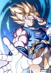  1boy 2094banana blonde_hair blue_shirt cowboy_shot dragon_ball dragon_ball_z green_eyes highres male_focus medium_hair muscular muscular_male orange_pants pants salute shirt solo son_goku spiked_hair super_saiyan super_saiyan_1 torn_clothes torn_shirt twitter_username two-finger_salute 