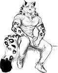 abs anthro biceps bottomwear clothing dev_(i_think_i_like_you) felid footwear fur hair hi_res i_think_i_like_you male mammal markings monochrome muscular muscular_anthro muscular_male pantherine pants pecs shirt shoes simple_background sitting smile snow_leopard solo spots spotted_body spotted_fur tail topwear yummi_yam_i