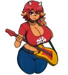  5_fingers anthro big_breasts bottomwear bovid breasts caprine clothing female fingers guitar hair hi_res horn lammy_lamb mammal musical_instrument orange_body pants parappa_the_rapper plucked_string_instrument purple_eyes red_hair sheep shirt solo sony_corporation sony_interactive_entertainment string_instrument topwear um_jammer_lammy zak_hitsuji 