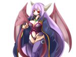 1girl alma_elma black_panties blue_cloak bmp-to-png_conversion breast_tattoo breasts bridal_gauntlets cleavage cloak demon_girl demon_horns demon_wings facial_tattoo feet_out_of_frame frfr game_cg grey_horns hair_between_eyes hand_on_own_hip highleg highleg_panties holding_own_tail horns large_breasts leg_tattoo long_hair looking_at_viewer mon-musu_quest! monster_girl navel non-web_source panties parted_lips pointy_ears prehensile_tail purple_bridal_gauntlets purple_hair purple_thighhighs red_eyes simple_background smile smirk solo standing tail tattoo thighhighs transparent_background underwear very_long_hair wings 