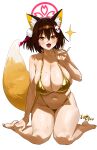  1girl absurdres alternate_breast_size alternate_costume animal_ears barefoot bikini blue_archive breasts brown_hair cleavage collarbone fangs feipin_zhanshi fox_ears fox_girl fox_hair_ornament fox_shadow_puppet fox_tail gold_bikini halo highres huge_breasts izuna_(blue_archive) looking_at_viewer open_mouth red_halo simple_background smile solo sweat swimsuit tail thighs toes white_background yellow_eyes 