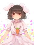  1girl abstract_background animal_ears arms_at_sides bangs blurry blurry_background brown_hair bunny_ears carrot_necklace cowboy_shot dress eyebrows_behind_hair gradient gradient_background high_collar inaba_tewi light_smile looking_at_viewer nacoty pink_dress puffy_short_sleeves puffy_sleeves red_eyes short_hair short_sleeves solo standing touhou 