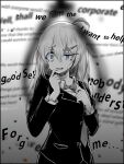  1girl blue_eyes blurry blurry_foreground collared_shirt crying crying_with_eyes_open english_text finger_to_mouth formal greyscale hair_between_eyes half-closed_eye hands_up highres hod_(project_moon) jacket lobotomy_corporation long_sleeves monochrome necktie nervous noose ori_oriio project_moon shirt solo spot_color tears upper_body 