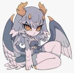  1girl :&lt; antlers bird_girl bird_tail bird_wings bright_pupils closed_mouth colored_inner_hair colored_sclera colored_skin colored_tips cyany deformed dress english_commentary feathered_wings full_body grey_dress grey_hair grey_skin grey_wings horns imuthar_(cyany) knee_up long_hair looking_at_viewer low_wings monster_girl multicolored_hair multiple_horns no_feet orange_eyes orange_horns original simple_background sitting solo strapless strapless_dress tail white_background white_skin wings yellow_pupils yellow_sclera 