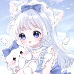  :d ai-generated animal_ears animal_hug blue_bow blue_choker blue_dress blue_eyes blue_skirt blue_sky blush bow cat cat_ears cat_girl choker detached_wings dress fake_animal_ears fang frilled_choker frilled_straps frills heart heart-shaped_pupils hug hugging_object long_hair looking_at_viewer maid_headdress mini_wings non-web_source open_mouth outdoors skirt sky smile solo square_neckline stuffed_animal stuffed_toy symbol-shaped_pupils upper_body white_cat white_hair wings 