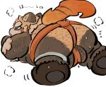 2021 ailurid anthro balls bodily_fluids brown_body brown_fur buta5kawa butt fur genitals hi_res japanese_text kemono lying male mammal orange_body orange_fur overweight overweight_male red_panda simple_background solo sumo sweat text white_background 