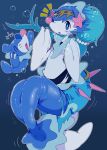  2021 absurd_res ambiguous_gender anthro blue_hair clothing duo female feral hair hi_res mammal marine nintendo pinniped pok&eacute;mon pok&eacute;mon_(species) popplio primarina torn_clothing transformation trial_captain_lana underwater video_games water winte 