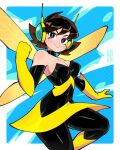  1girl 333_(dqqqdle) avengers_(series) blue_eyes breasts brown_hair cleavage gloves highres insect_wings janet_van_dyne looking_at_viewer marvel medium_breasts short_hair smile solo superhero_costume the_avengers:_earth&#039;s_mightiest_heroes! thighs wasp_(marvel) wings 