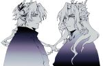  2boys antlers arknights bci0233 character_request chong_yue_(arknights) closed_mouth coat dragon_boy dragon_horns earrings floating_hair greyscale highres horns jewelry long_hair looking_at_viewer low_ponytail male_focus mandarin_collar monochrome multiple_boys pointy_ears simple_background slit_pupils upper_body white_background 