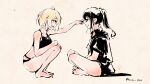  2girls absurdres artist_name barefoot black_hair black_panties black_shirt blonde_hair closed_mouth commentary english_commentary full_body highres inoue_takina lone_nape_hair long_hair looking_at_another lycoris_recoil multiple_girls nishikigi_chisato one_side_up open_mouth panties pointing pointing_at_another ponytail purple_eyes red_eyes rnna shirt short_hair short_sleeves sidelocks sitting smile squatting teeth underwear upper_teeth_only 