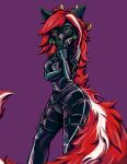  anthro breasts canid canine claws clothing demon demonic dimension19 female fluffy fluffy_tail gas_mask gesture hair hand_gesture hi_res highlights_(coloring) horn latex latex_clothing latex_skinsuit looking_at_viewer mammal mask middle_finger millie_morrison_(character) mythological_canine mythological_creature mythology red_hair simple_background skinsuit solo straps suit tail tight_clothing were werecanid werecanine werewolf white_highlights 