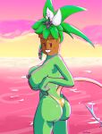  absurd_res anthro big_breasts bikini blaster_master breasts butt clothing clothing_pull female freckled_breasts freckles glistening glistening_body gold_bikini half_dime hi_res holding_breast kanna_(blaster_master) looking_back plant sea simple_eyes smile smiling_at_viewer solo suntan swimwear swimwear_pull tail water wet wet_body 