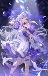  1girl aqua_eyes bare_shoulders bird detached_sleeves earrings falling_feathers feathers floating_hair gloves hair_between_eyes halo highres holding holding_microphone honkai:_star_rail honkai_(series) issign jewelry long_hair looking_at_viewer microphone music musical_note open_mouth reaching reaching_towards_viewer robin_(honkai:_star_rail) short_sleeves singing smile solo standing teeth upper_teeth_only white_gloves white_wings wings 