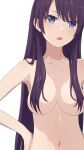  1girl blue_eyes blush breasts camui1104 hair_censor hair_over_breasts hand_on_own_hip highres long_hair looking_at_viewer medium_breasts monogatari_(series) navel nude open_mouth senjougahara_hitagi simple_background solo upper_body white_background 