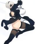  1girl 2b_(nier:automata) ass back_cutout black_blindfold black_dress black_footwear black_hairband black_thighhighs blindfold boots breasts clothing_cutout dress english_commentary from_side gloves hairband high_heel_boots high_heels highres holding holding_sword holding_weapon mitsuki_nite nier:automata nier_(series) no_panties simple_background solo sword thigh_boots thighhighs weapon white_background white_hair 