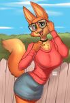 absurd_res anthro bottomwear breasts canid canine cheek_tuft choker clothed clothing diane_foxington dreamworks eyebrow_piercing eyewear facial_piercing facial_tuft female fence fluffy fluffy_tail fox fully_clothed fur glasses green_eyes hi_res jewelry mammal necklace orange_body orange_fur piercing skirt sky solo spongebandimark sweater tail the_bad_guys topwear tuft wood wood_fence