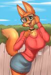  absurd_res anthro bottomwear breasts canid canine cheek_tuft choker clothed clothing diane_foxington dreamworks eyebrow_piercing eyewear facial_piercing facial_tuft female fence fluffy fluffy_tail fox fully_clothed fur glasses green_eyes hi_res jewelry mammal necklace orange_body orange_fur piercing skirt sky solo spongebandimark sweater tail the_bad_guys topwear tuft wood wood_fence 