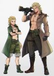  2boys belt black_gloves blonde_hair blue_eyes boots camouflage camouflage_pants child coat dog_tags dual_persona earrings eli_(mgs) film_grain full_body gloves gun highres holding holding_gun holding_weapon jacket jewelry liquid_snake male_focus mayuzumi metal_gear_(series) metal_gear_solid metal_gear_solid_v multiple_boys necklace pants pectorals seashell shell shirtless simple_background smile weapon white_background 