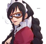  1girl aosora2823 artist_name baby_5 black_hair cigarette commentary goggles highres long_hair maid maid_headdress one_piece simple_background smoking solo upper_body white_background 