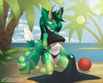 2021 4_toes 5_fingers anthro breasts clothed clothing day detailed_background digital_media_(artwork) dragon eyebrows eyelashes feet female fingers fur furred_dragon green_hair hair kneeling midriff navel outside piranha_fish sky smile solo text toes url 