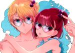  1boy 1girl :o arima_kana blonde_hair blue_eyes bob_cut copyright_name glasses hair_ornament heart heart-shaped_eyewear highres hoshino_aquamarine hug looking_at_viewer medium_hair open_mouth oshi_no_ko red_eyes red_hair short_hair simple_background star-shaped_pupils star_(symbol) swimsuit symbol-shaped_pupils topless_male yurigera_8959 