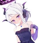  1girl black_horns blue_archive collarbone dangle_earrings demon_horns dress earrings elbow_gloves gloves halo highres hina_(blue_archive) hina_(dress)_(blue_archive) horns jewelry long_hair looking_at_viewer multiple_horns necklace official_alternate_costume official_alternate_hairstyle pendant purple_dress purple_eyes purple_gloves shishiodoshi simple_background solo strapless strapless_dress upper_body white_background white_hair 