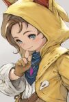  1girl animal_ears animal_hood aqua_eyes brown_background brown_gloves brown_hair cat_hood final_fantasy final_fantasy_xiv finger_to_cheek from_side gloves hand_up highres hood hood_up hooded_jacket index_finger_raised jacket jewelry krile_mayer_baldesion_(ff14) lalafell looking_at_viewer makimura_shunsuke o-ring open_clothes open_jacket partially_fingerless_gloves pendant short_hair simple_background slit_pupils smile solo upper_body yellow_jacket 