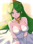  1girl artist_name breasts collarbone commission dress gloves green_eyes green_hair highres kid_icarus kid_icarus_uprising large_breasts long_hair looking_at_viewer p_i_n_o palutena petals solo strapless strapless_dress tiara wedding_dress white_dress white_gloves 