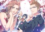  1girl 3boys aerith_gainsborough bouquet bow cloud_strife dress drill_hair final_fantasy final_fantasy_vii final_fantasy_xv flower formal gift glasses green_eyes happy_birthday hinoe_(dd_works) ignis_scientia looking_at_viewer multiple_boys necktie noctis_lucis_caelum petals pink_bow smile spiked_hair suit twin_drills 