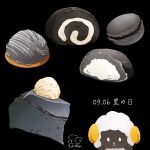  animal artist_logo black_background bread cake cake_slice cream food food_focus highres macaron no_humans original pastry sheep swiss_roll yuki00yo 