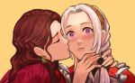  2girls armor armored_dress brown_hair closed_eyes closed_mouth commentary commission dorothea_arnault dress earrings edelgard_von_hresvelg english_commentary fire_emblem fire_emblem:_three_houses fire_emblem_warriors:_three_hopes hairband highres jewelry kiss kissing_cheek lips long_hair looking_at_viewer multiple_girls official_alternate_costume official_alternate_hairstyle pink_lips purple_eyes red_dress sethkiel simple_background upper_body wavy_hair white_hair yellow_background yuri 