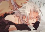  2boys alternate_costume ansem_seeker_of_darkness black_gloves black_shirt blush collared_shirt dark_skin doggystyle finger_in_another&#039;s_mouth gloves grey_background grey_hair hair_over_shoulder implied_sex kingdom_hearts kingdom_hearts_i kingdom_hearts_ii long_hair looking_back lying lying_on_person male_focus minatoya_mozuku multiple_boys off_shoulder on_stomach open_mouth parted_bangs saliva shirt smile spiked_hair sweat toned toned_male xemnas yaoi yellow_eyes 
