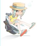  1girl aqua_eyes aqua_hair bloblobber_(splatoon) boater_hat bubble chromatic_aberration closed_mouth flip-flops floating full_body green_footwear hand_rest knees_together_feet_apart looking_to_the_side medium_hair multicolored_footwear octoling octoling_girl octoling_player_character pointy_ears red_footwear sandals shadow shima_(5p6p7p) shirt shoe_soles short_sleeves simple_background sitting smile splatoon_(series) splatoon_2 split_mouth tentacle_hair three_quarter_view white_background white_footwear yellow_shirt 