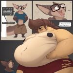  1:1 2024 4_toes absurd_res alternate_species anthro areola atimist barefoot belly big_belly big_bulge big_moobs biped blonde_hair blue_clothing blue_shirt blue_topwear brown_body brown_fur brown_hair bulge canid canine claws clothing dialogue digital_drawing_(artwork) digital_media_(artwork) duo ellipsis english_text eyewear feet fox fur glasses hair hi_res holding_belly inside larger_anthro larger_male looking_down_at_another male mammal moobs mosin mosin_(character) mustelid navel nipples obese obese_anthro obese_male otter overweight overweight_anthro overweight_male paws shirt simple_background size_difference smaller_anthro smaller_male smile speech_bubble standing tail text thick_thighs toe_claws toes topwear torn_clothing torn_underwear underwear wide_hips 
