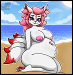  2024 anthro beach belly big_belly big_breasts black_border blazkenzxy blush border breasts canid canine digital_drawing_(artwork) digital_media_(artwork) epic_games eye_scar facial_scar female fortnite fox fur fur_markings hair hand_on_belly hi_res huge_belly inner_ear_fluff kimiko_five-tails kneeling looking_at_viewer mammal markings multi_tail multicolored_body multicolored_fur nipples nude outside pawpads pink_hair pregnant pregnant_anthro pregnant_female red_body red_fur scar seaside signature smile solo tail tail_markings thick_thighs tuft two_tone_body two_tone_fur water white_body white_fur 