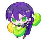  1boy ahoge bandaged_hand bandages black_pants black_shirt bright_pupils brown_footwear buttons chibi chibi_only colored_eyelashes food fruit full_body green_hair hair_behind_ear hair_between_eyes hand_on_own_face himanemuitoma kenmochi_touya kiwi_(fruit) kiwi_slice long_sleeves nijisanji open_mouth oversized_food oversized_object pants purple_hair shirt short_hair single_eyebrow smile solo standing symbol-shaped_pupils triangle-shaped_pupils 