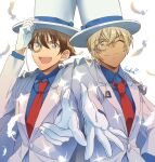  2boys :d ;) amuro_tooru arm_up bangs blonde_hair blue_eyes blue_shirt brown_hair cape closed_mouth collared_shirt commentary_request cosplay dreaming182 dress_shirt falling_feathers feathers formal gloves hair_between_eyes hand_on_headwear happy hat jacket kaitou_kid kaitou_kid_(cosplay) long_sleeves looking_at_viewer magic_kaito male_focus matching_outfit meitantei_conan monocle monocle_chain multiple_boys necktie one_eye_closed open_mouth outstretched_hand red_neckwear shirt short_hair side-by-side signature simple_background smile sparkle suit top_hat upper_body upper_teeth white_background white_cape white_feathers white_gloves white_headwear white_jacket white_suit 