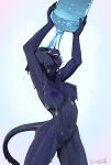 anthro black_body breasts domestic_cat eyes_closed felid feline felis feliscede female genitals mammal navel nipples nude open_mouth pouring purple_tongue pussy simple_background solo standing tongue tongue_out water wet 