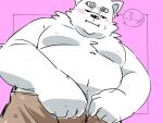  2024 4:3 anthro belly blush bottomwear canid canine canis clothing domestic_dog hi_res inunoshippo japanese_text kemono male mammal moobs nipples overweight overweight_male pants simple_background solo text 