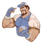  1boy alittlep bara baseball_cap biceps borrowed_character connected_beard cropped_torso employee_uniform facial_hair goatee hat large_pectorals long_mustache looking_at_viewer male_focus mature_male muscular muscular_male original pectorals pointing pointing_at_viewer seductive_smile shirt short_hair smile solo thick_eyebrows tight_clothes tight_shirt tsurime uniform veins veiny_arms 