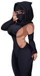  black_dress breasts brown_eyes covered_nipples dark_skin dark_skinned_female dress hijab hood large_breasts mole mole_under_eye shadman sweat 