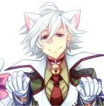  1boy ahoge animal_ears cat_boy cat_ears cat_tail closed_eyes collared_shirt earrings gabriel_kaburaya gloves jewelry long_sleeves momofukki paw_pose pink_ribbon ribbon rose_guns_days shirt smile solo tail tail_ornament tail_ribbon white_background white_gloves white_hair white_tail yellow_shirt 