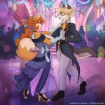  anthro ballroom big_breasts black_nose blonde_hair blush breasts canid canine canis clothed clothing dancing dipstick_tail domestic_dog drayven_alder duo_focus female footwear group hair hi_res high_heels kibbles_(uberquest) male male/female mammal markings phuufy skidd tail tail_markings uberquest wolf 