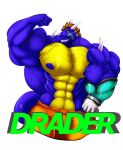  2015 5_fingers anthro badge big_muscles blue_nipples bottomwear brown_hair clothed clothing draderico dragon fierglief fingers flexing gloves grin hair handwear hi_res horn huge_muscles hyper hyper_muscles looking_at_viewer male multicolored_body muscular nipples pants simple_background smile solo text topless veiny_muscles white_background 