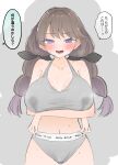  1girl arms_under_breasts ast black_ribbon blush breasts breasts_apart brown_hair collarbone commentary_request cowboy_shot embarrassed fujishima_megumi grey_panties grey_sports_bra hair_ribbon highres huge_breasts lactation lactation_through_clothes link!_like!_love_live! long_hair looking_at_viewer love_live! low-tied_long_hair lower_teeth_only multi-tied_hair navel open_mouth paid_reward_available panties purple_eyes ribbon solo sports_bra sweat teeth translation_request underwear virtual_youtuber 