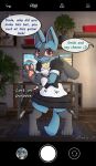 blush camera_hud camera_view clothing coffeefly dialogue english_text generation_4_pokemon hi_res lucario maid_uniform nintendo pokemon pokemon_(species) shy smile solo standing tail tail_between_legs text uniform